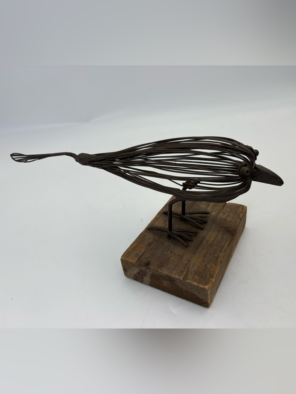 Rustic Handcrafted Metal Wire Bird Figurine on Wooden Base - Picture 5 of 13